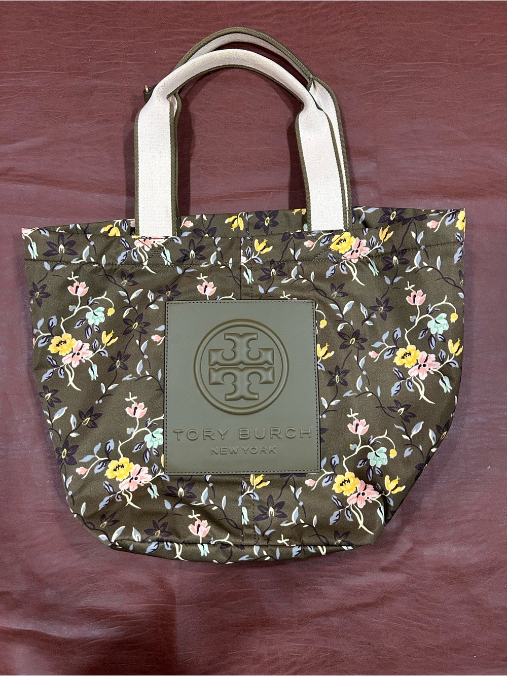 Tory Burch Brown, Yellow and Pink Floral Tote with Cream Handles